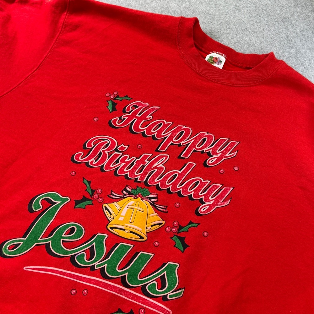 Vintage‎ 90s Happy Birthday Jesus Sweatshirt Red Fruit of the Loom XL 1991